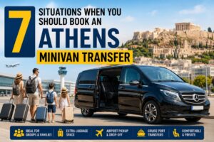 Athens Airport Minivan with a family travelling together and luggage, showing when an Athens Minivan Transfer is the best choice for groups, families, and airport transfers.