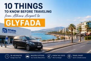 Athens Airport to Glyfada transfer guide featuring Athens International Airport, a private transfer vehicle, and the Glyfada coastline.