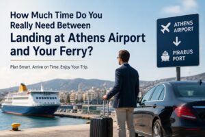 Traveler arriving at Athens Airport planning enough time to reach Piraeus Port ferry by private airport transfer.