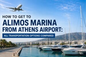 Athens Airport to Alimos Marina transportation options including private transfer, taxi, metro, airport bus, and car rental.