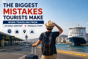 The biggest mistakes tourists make when traveling from Athens Airport to Piraeus Port by taxi, metro, bus, or private transfer.